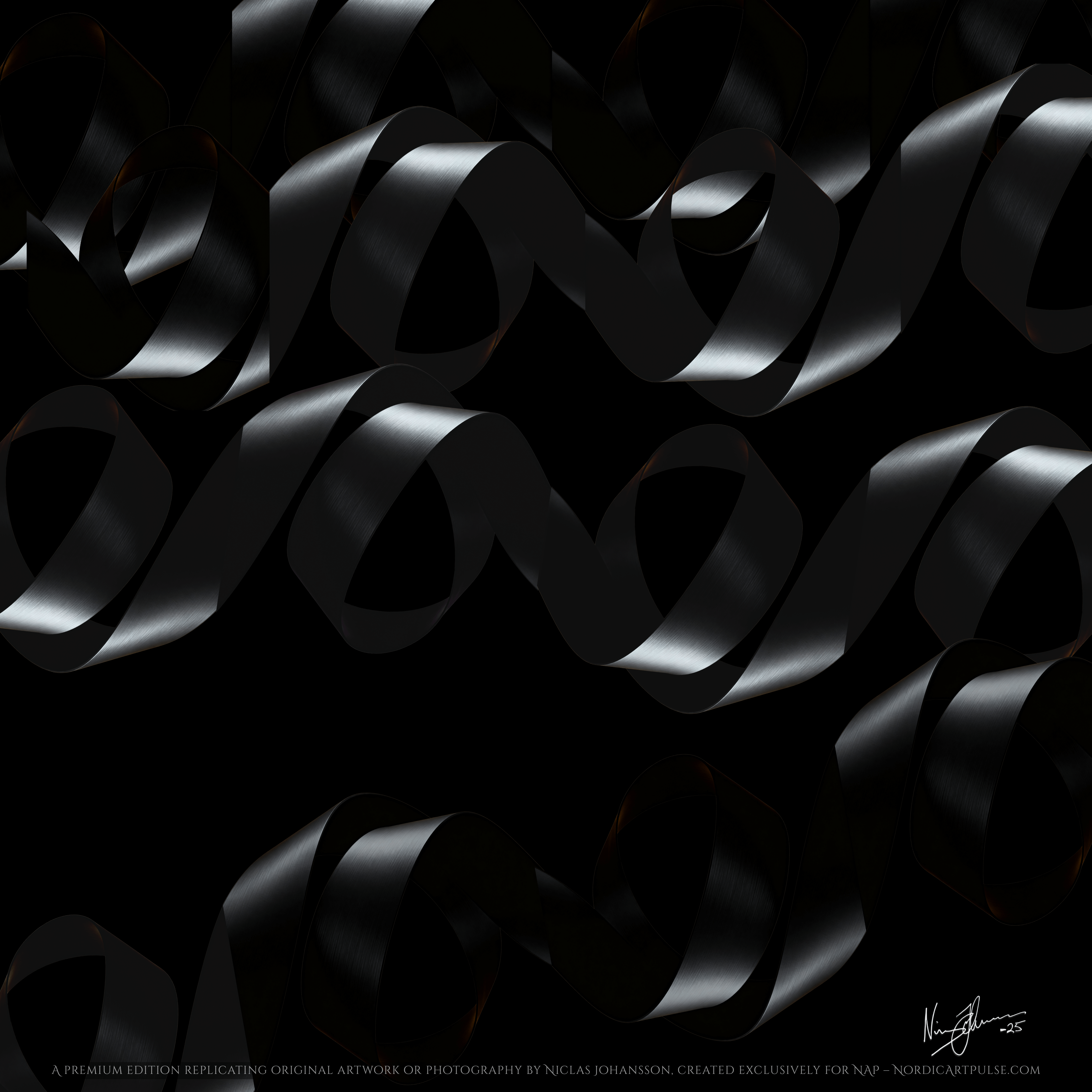 Ethereal Flow artwork featuring undulating black ribbons on a stark black background, exploring form and light.