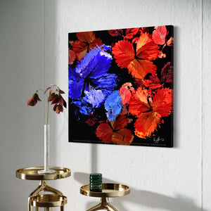 Colorful abstract painting of flowers on a white wall with gold side tables. Autumn's Embrace II
Rich autumn colors with golden and crimson leaves in a Nordic fall composition
