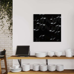 Ethereal Flow artwork displaying undulating ribbons in black, showcasing form and light in a modern kitchen setting.