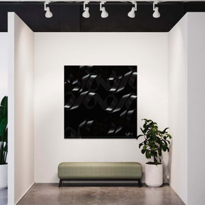 Ethereal Flow artwork displayed in a modern gallery with black undulating ribbons on canvas.