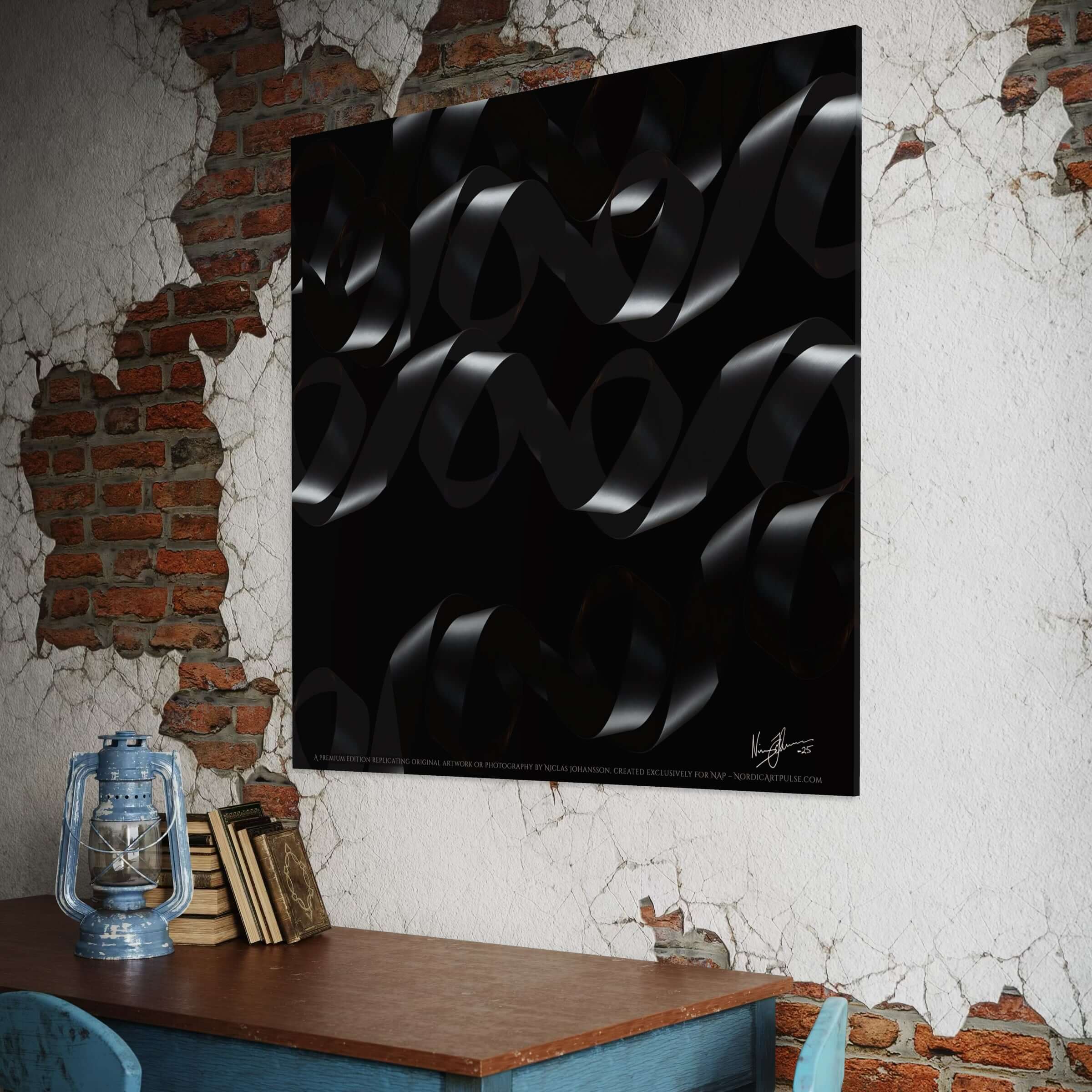Ethereal Flow artwork featuring black undulating ribbons on a wall, creating a sense of light and motion in a meditative atmosphere.