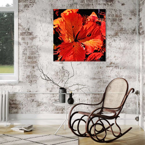 Autumn's Embrace: A rustic interior featuring a rocking chair and a vibrant red leaf painting on a textured wall.
Art Print from Nordic Art Pulse