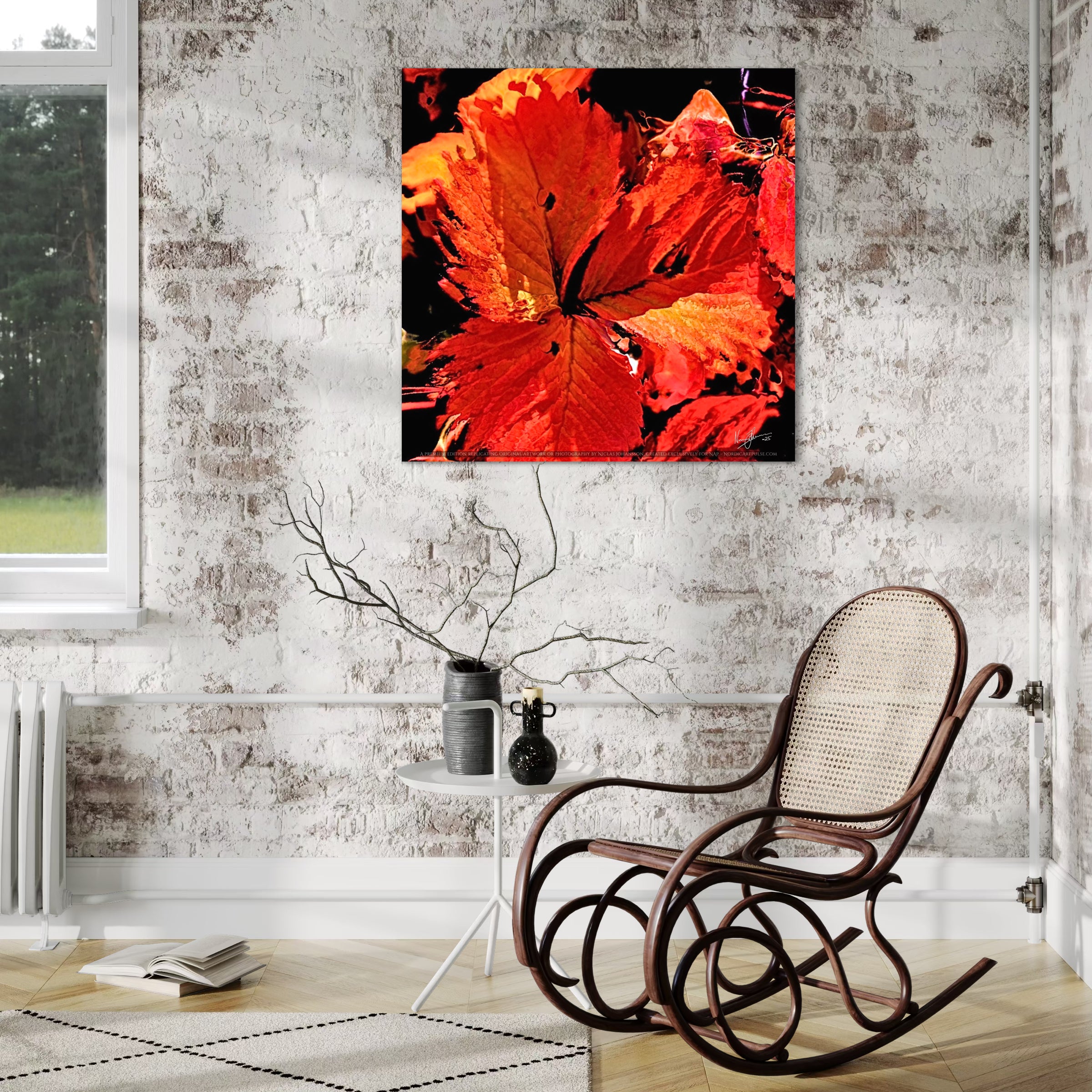 Autumn's Embrace: A rustic interior featuring a rocking chair and a vibrant red leaf painting on a textured wall.
Art Print from Nordic Art Pulse