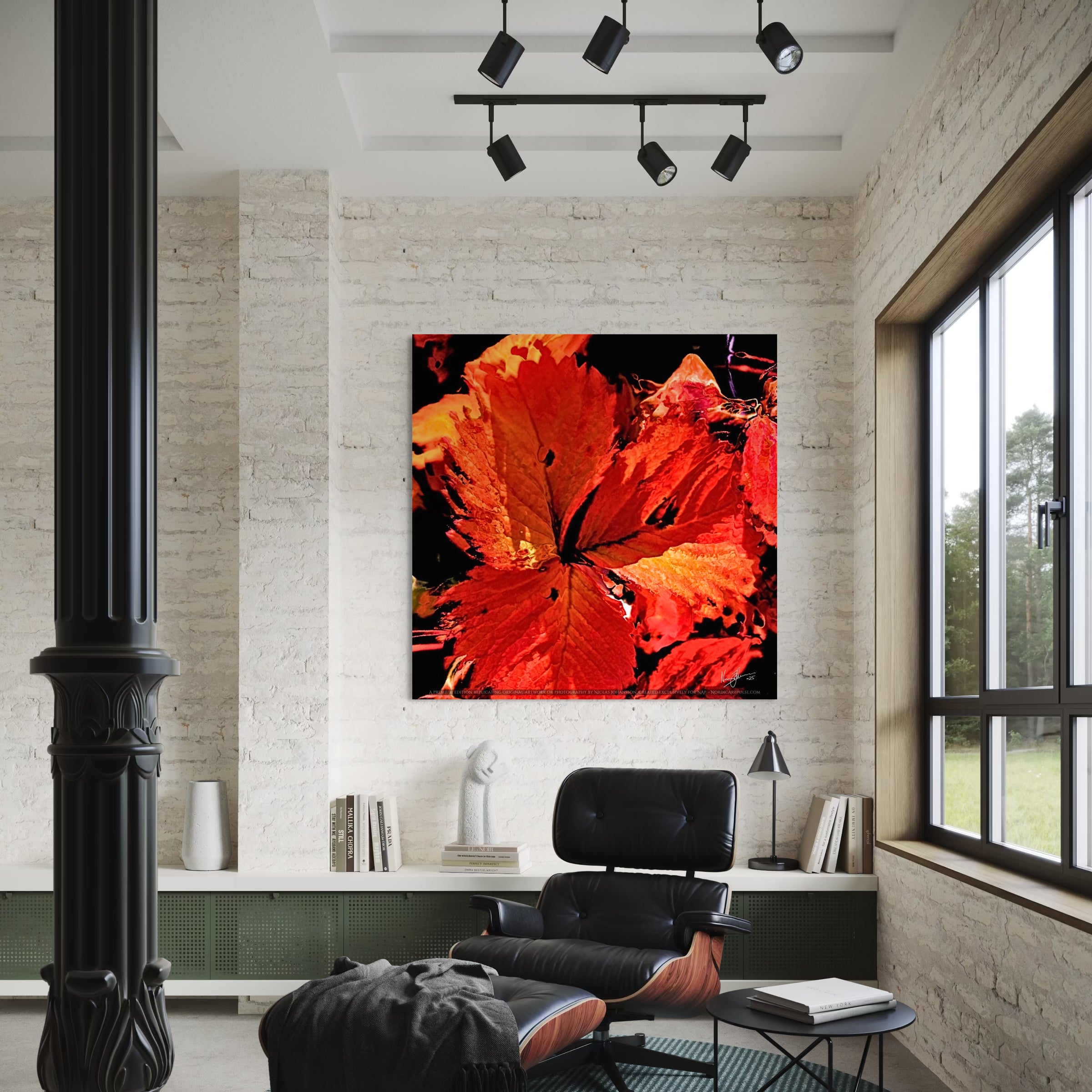 Autumn's Embrace, Modern interior with a vibrant abstract painting of a red flower on a white wall.
Art Print from Nordic Art Pulse