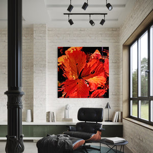Autumn's Embrace, Modern interior with a vibrant abstract painting of a red flower on a white wall.
Art Print from Nordic Art Pulse