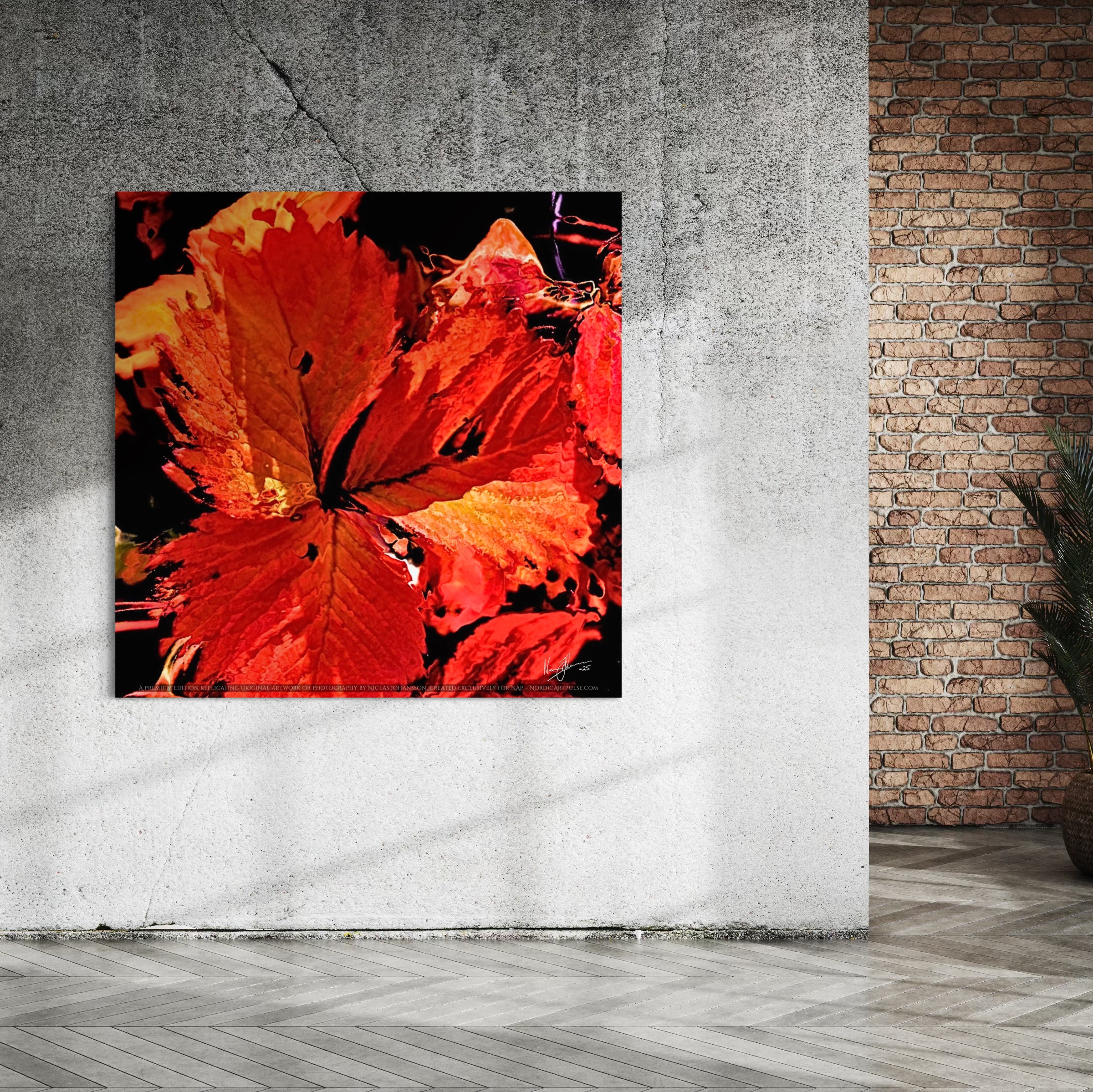 Autumn's Embrace, an Abstract painting of a red flower on a textured wall with a brick wall background.
Art Print from Nordic Art Pulse